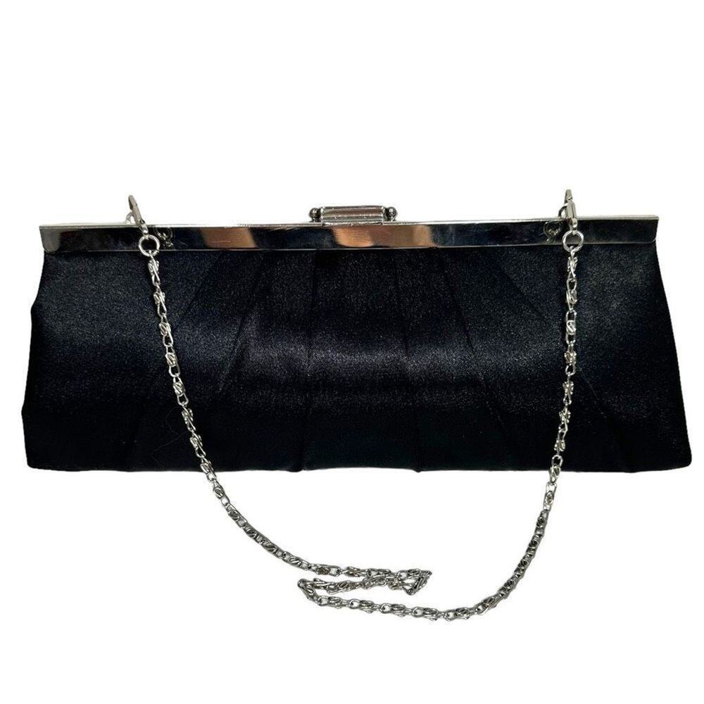 Jessica McClintock Vintage Black Satin Evening Clutch Silver Chain Formal Bag